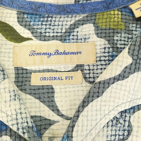 Tommy Bahama Shirt Mens Large Blue Floral Print Hawaiian Wood Button‎ 100% Silk - Picture 5 of 11